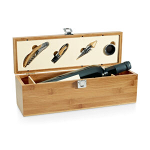 94189 SYRAH. Set de vino suministrado en caja, fabricado en bambú, zinc y acero inoxidable